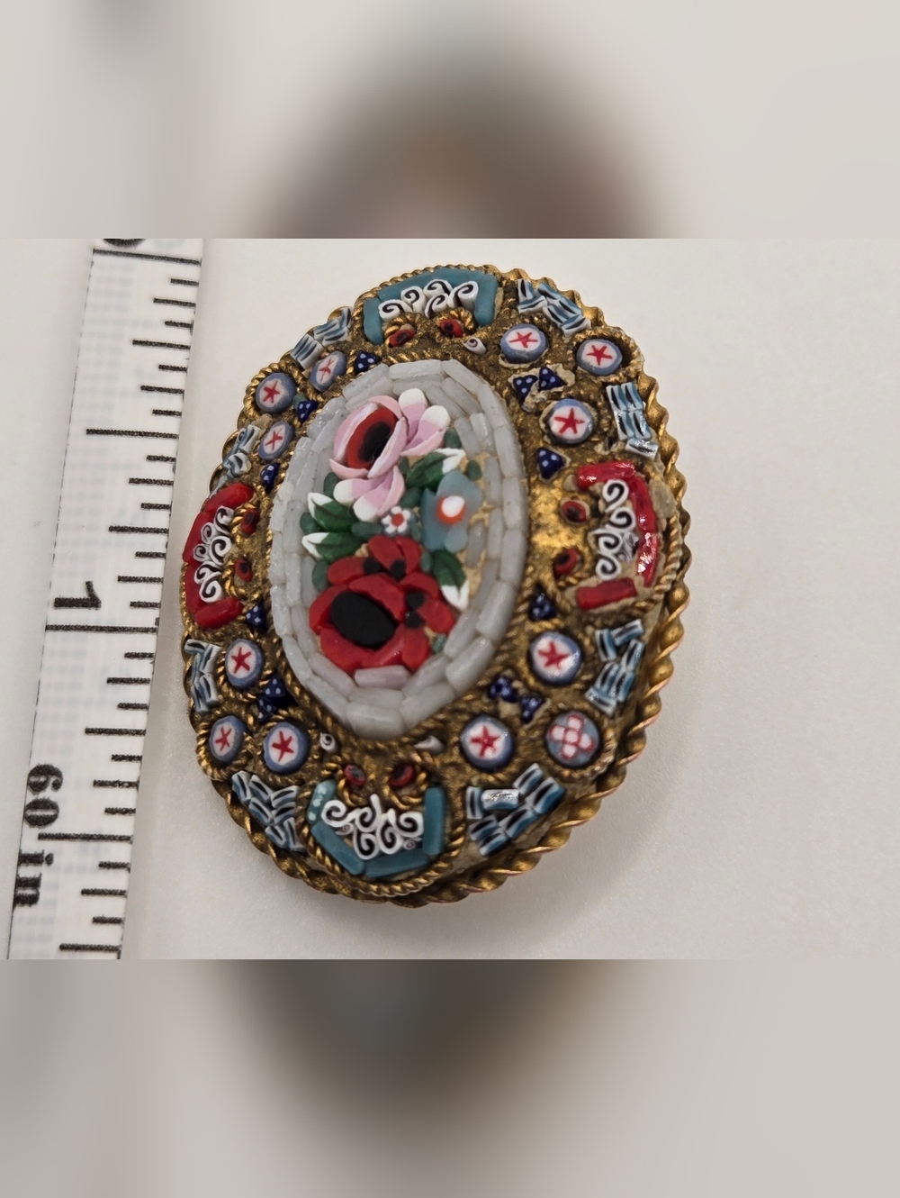 Vintage Italian Micro Mosaic Floral Brooch – Brass Setting - Picture 5 of 6